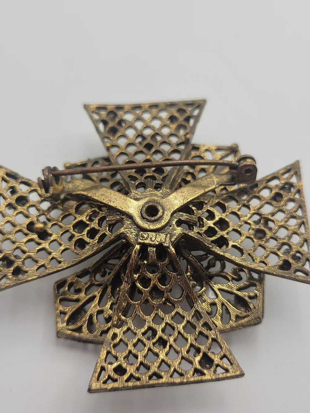Vintage-Inspired JJ Green and Blue Filigree Cross Brooch
